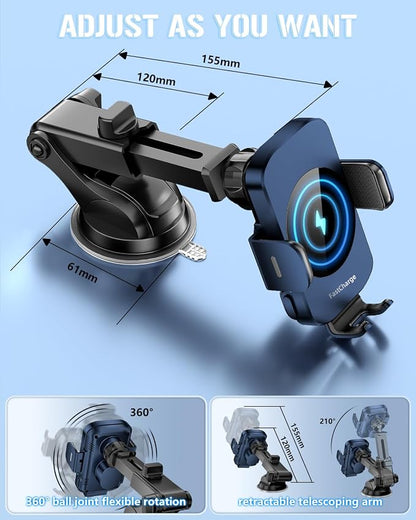 BothLin 3-in-1 Wireless Car Charger Mount, 15W Fast Charging Auto-Clamping Phone Holder for iPhone 17 16 15 14, Samsung Galaxy S24 S23, Dashboard, Vent & Windshield Car Mount(Deep Blue)