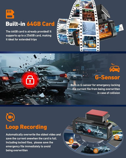 Dash Cam Front and Rear, 4K Dash Camera for Cars Built-in 5G WiFi & GPS, 3.2" IPS Screen Dash Cam W/ 64GB Card, Dual Dashcam W/G-Sensor, Loop Recording, WDR, Night Vision,24H Parking Monitor