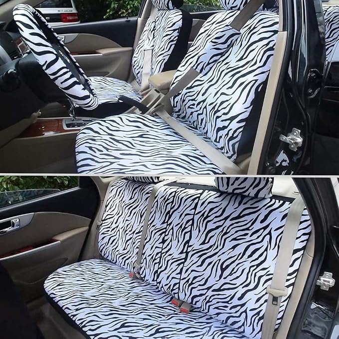 AUTOFAN Zebra Car Seat Covers for Full Set with 2 Seat Belt Pads & Universal 15 Inch Steering Wheel Cover Fit for Cars, Trucks, SUV, or Van