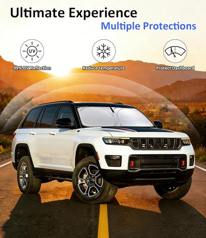 Windshield Sun Shade for 2021-2026 Jeep Grand Cherokee & L Accessories, Car Front Window Sun Visor & Heat Shield | 240T Sunshade Protection Blocks UV Rays Keep Your Car Cooler