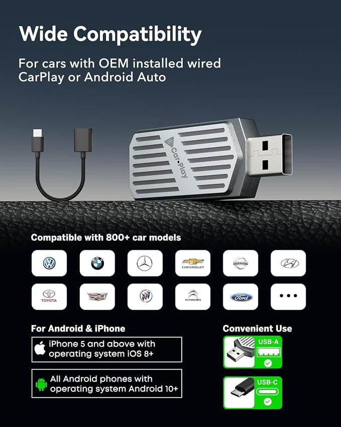 Wireless CarPlay Adapter 2026, 2-in-1 USB & USB-C CarPlay Dongle Wireless for iPhone & Android Auto, Convert Wired to Wireless, Bluetooth Auto-Connect in 5s, Plug & Play, No Latency, Fits 800+ Cars