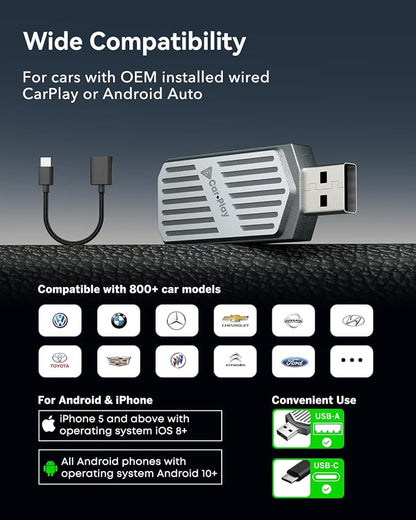 Wireless CarPlay Adapter 2026, 2-in-1 USB & USB-C CarPlay Dongle Wireless for iPhone & Android Auto, Convert Wired to Wireless, Bluetooth Auto-Connect in 5s, Plug & Play, No Latency, Fits 800+ Cars