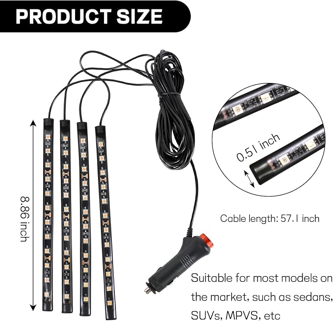 Car LED Strip Light, 12V 48 LED Interior Atmosphere Lights Under Dash Ambient Night Light, Auto Interior Decorative Lamp with Cigarette Adapter Plug (Pink Purple, Cigarette Lighter)