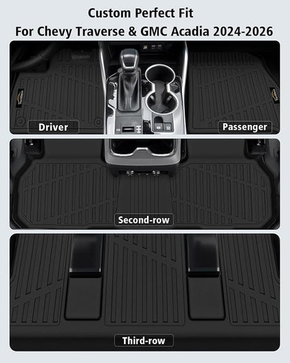 Floor Mats for Chevy Traverse 2024-2026 & GMC Acadia 2024-2026 & Buick Enclave 2025-2026 (Only 7 Seats) All Weather TPE Set Cargo Liner Door Sill Protectors Accessories, Black