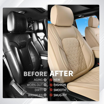 Huidasource F250 Front Seat Covers, 360° Full Coverage Leather Car Seat Protector Fit for Ford F150 2015-2025&F250 F350 F450 2017-2025 All Cab XL XLT Lariat King Ranch Platinum (Front Pair/Beige)