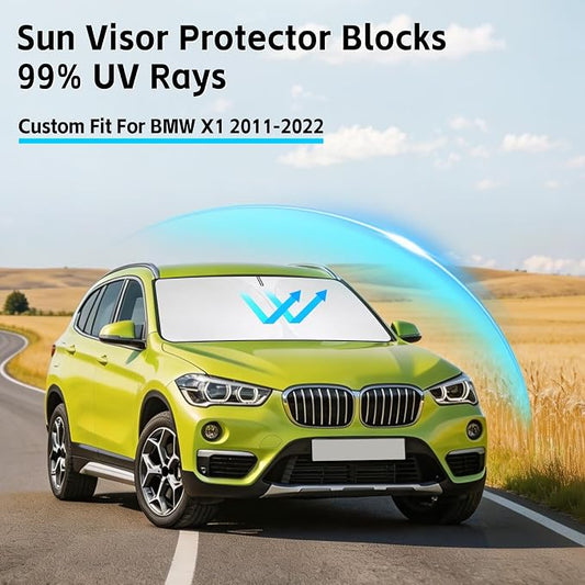 Windshield Sun Shade for BMW X1 2011-2022 Sunshade 300T Windshield Cover Shield Protector Blocks UV Rays Custom Fit X1 Front Window Shades Windshield Accessories Keep Cool Foldable