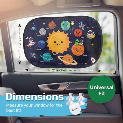 GENANY 2pcs Space Planet Window Sun Shade for Sedan SUV Truck (21x14 Inches), Galaxy Sun Shades for Side Window, Astronaut Baby Window Shades, Summer Car Decor