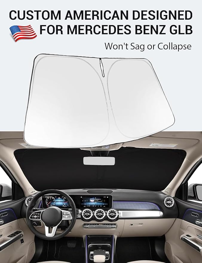 Proadsy 2026 Upgrade Windshield Sun Shade Custom Fit 2020-2025 2026 Mercedes Benz GLB Foldable Front Sunshade Protector Sun Visor Blocks UV Rays Keep Car Cooler