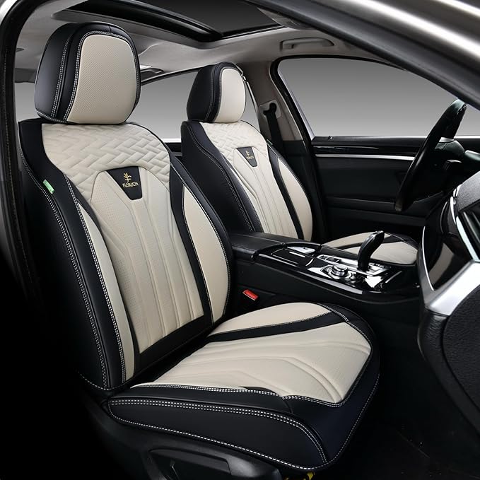 FLORICH Leather Seat Covers, Seat Covers Full Set, Car Seat Protectors 5 Seats, Automotive Seat Covers Fit for Most Cars Trucks SUV- Black&Beige