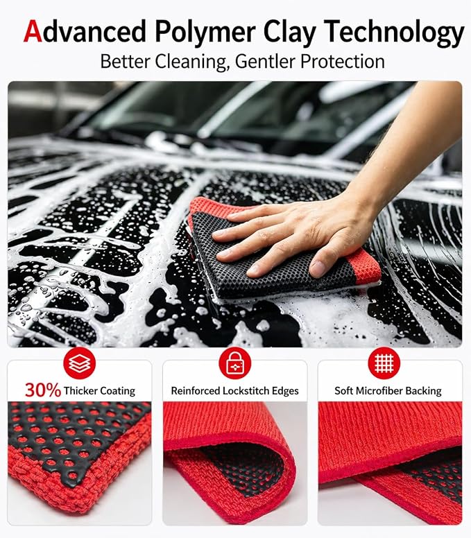 3-in-1 Clay Towel Kit for Car Detailing, 12" x 12" Clay Towels & Clay Mitt, Upgraded Rubber Polymer Coating, Synthetic Clay Bar Alternative, Remove Iron Dust, Bugs, Tree Sap & Contaminants