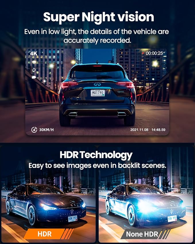 4K Dash Cam Front and Rear, Built-in WiFi GPS, 3" IPS Screen, HDR Night Vision Dash Camera for Cars, G-Sensor App Control, Emergency Lock, Accident Record, Parking Mode, Support 512GB Max