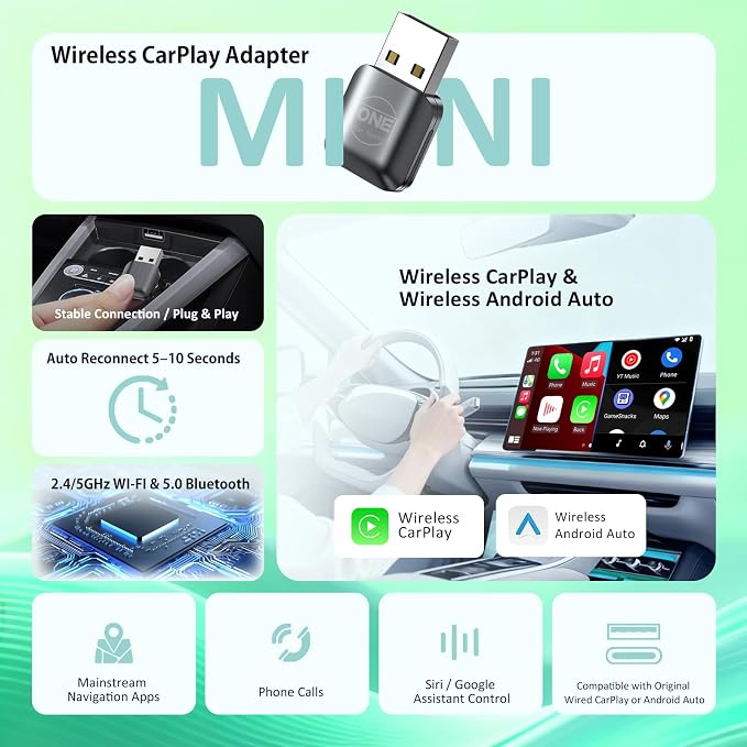 OneCarStereo Wireless CarPlay Adapter, Android Auto Wireless Adapter for iPhone & Android, Plug & Play, Fast Auto Reconnect, Convert Wired CarPlay to Wireless, for Cars with Factory Wired CarPlay