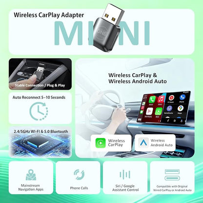 OneCarStereo Wireless CarPlay Adapter, Android Auto Wireless Adapter for iPhone & Android, Plug & Play, Fast Auto Reconnect, Convert Wired CarPlay to Wireless, for Cars with Factory Wired CarPlay