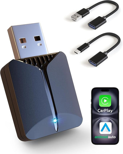 2026 Wireless Carplay Adapter-Android Auto Wireless Adapter 2 in 1, 5.4/6GHz Carplay Bluetooth Adapter Plug and Play Auto Reconnect, Mini Size with USB&Type-C Extension Cable,for iPhone & Android