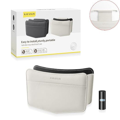 Car Trash Can Small Leather Vehicle Trash Bin Car Dustbin Garbage Organizer Holder with Trash Bag Foldable Mini Cars Storage Bag Container for Auto SUV Van Trucks (White,Hanging Hook)