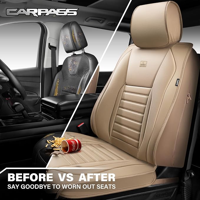 CAR PASS Nappa Leather Car Seat Covers Front Seats, Luxury Seat Protector for Cars, Waterproof Anti-Slip Seat Cushion Airbag Compatible Universal for Sedan SUV Pick-up Truck Automotive Vehicle, Beige
