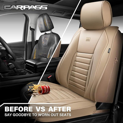 CAR PASS Nappa Leather Car Seat Covers Front Seats, Luxury Seat Protector for Cars, Waterproof Anti-Slip Seat Cushion Airbag Compatible Universal for Sedan SUV Pick-up Truck Automotive Vehicle, Beige