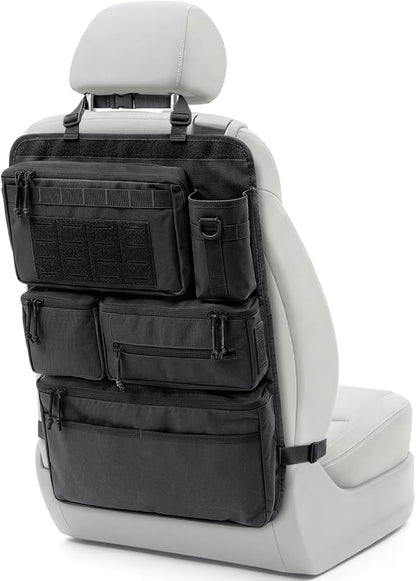 All in One Car Seat Back Organizer, Heavy Duty Molle Panel Seat Back Protector with Multi-Pockets Storage for Tools, Camping, Travel, Fit Most Cars SUV Trucks Jeeps Pickups