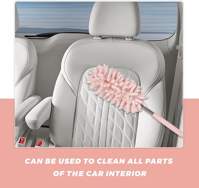 2PCS Car Interior Duster with Extension Pole, 11.8 to 30.5 Inch Retractable Dusters Washable Car Interior Cleaning Brush, Soft Scratch-Free Chenille Auto Dash Vent Window Duster (Light Pink)