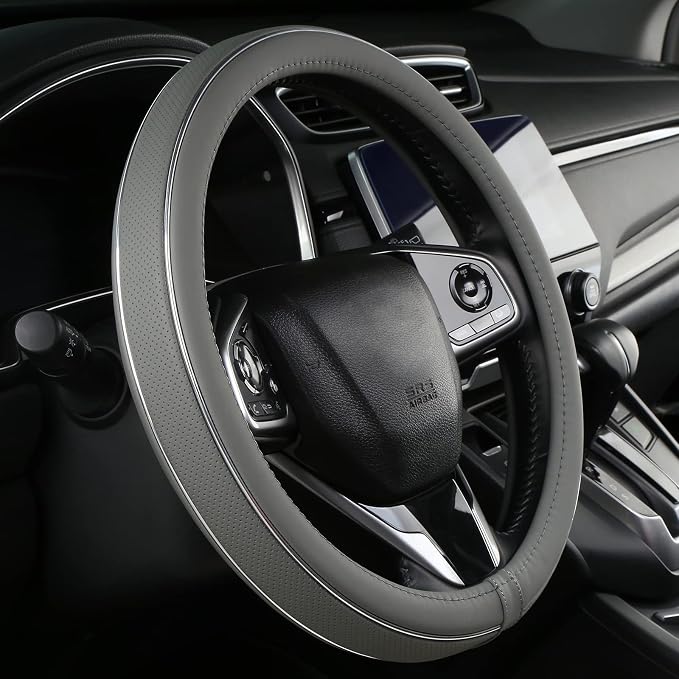 ALEMODR Gray Leather Steering Wheel Cover Silver Fiber Strip Car Steering Wheel Cover Universal 15 inch for Men