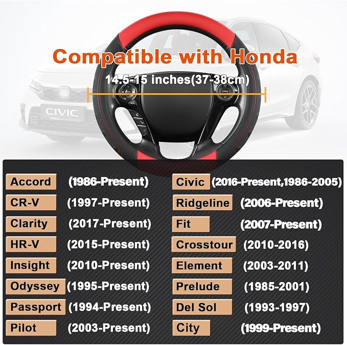 GIANT PANDA Microfiber Leather Steering Wheel Cover for Honda Accord,Civic,CR-V,HR-V,Pilot(Black+Red-Standard Size)
