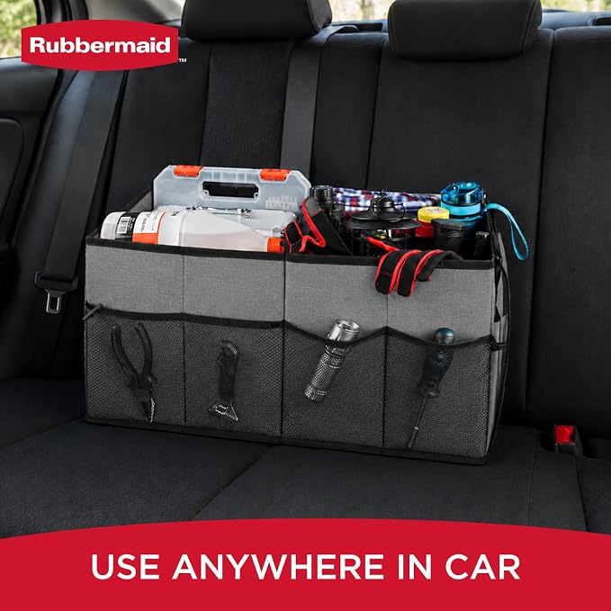 Rubbermaid Car Organizer, Collapsible Trunk Organizer, Multi-Compartment Car Storage Organization for Car Accessories, 2 Compartments-Gray