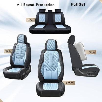 Coverado Full Set Car Seat Covers, Nappa Leather Seat Covers for Car, Waterproof Car Seat Protector with Lumbar Support, Automotive Seat Covers Universal Fit for Most Cars SUV Trucks (Black-Blue)