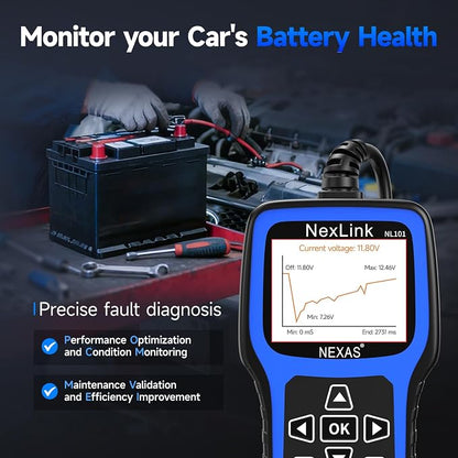NEXAS NL101 OBD2 Scanner with Battery Tester - Check Engine Code Reader, Car Diagnostic Scanner with Live Data, Freeze Frame, I/M Readiness for All US Vehicles Since 1996