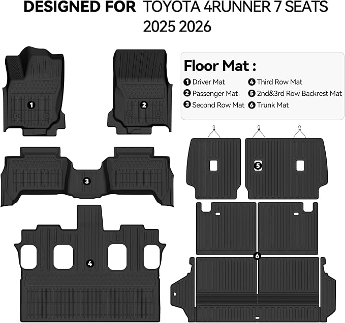 Floor Mats for Toyota 4Runner 7 Seats 2025 2026, Trunk Mat and Backrest Mat All Weather TPE Protector for Toyota 4Runner Accessories