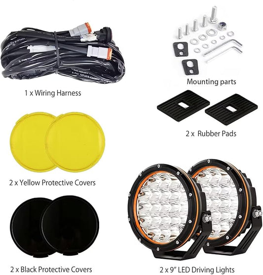 7in 2PCS LED Off Road Lights 210W 32000LM Super Bright Amber Cover 12V 24V with Wiring Harness for Pickup Truck SUV Offroad