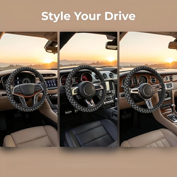 Checkered Gray Steering Wheel Cover Universal 15 Inch + 2 Car Coasters | Elastic Anti-Slip Breathable Fit for Car Truck SUV for Women Men