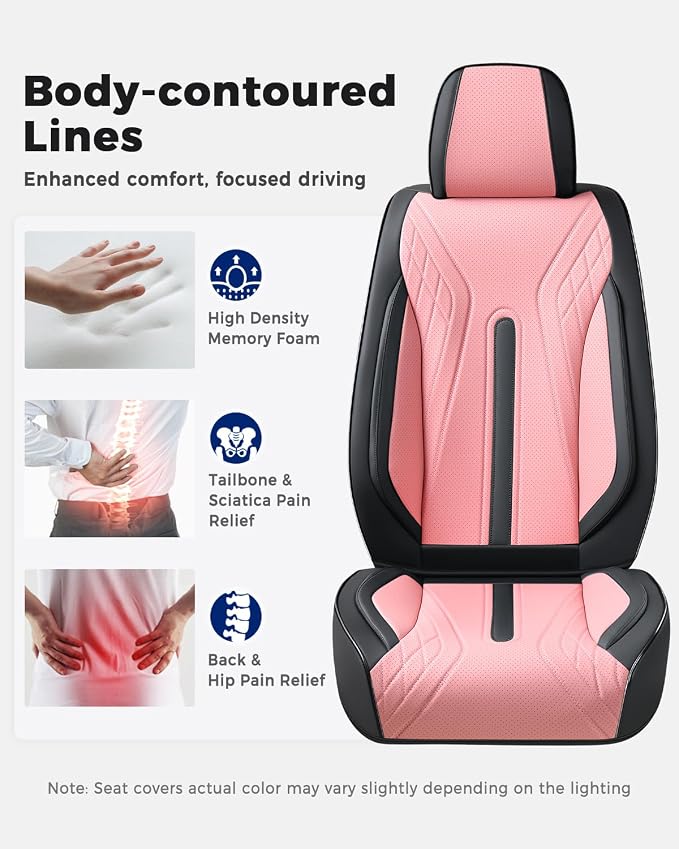 Huidasource Front Seat Covers, Universal Fit for Most Cars SUV Trucks, Full Coverage Nappa Leather Seat Cover, Airbag, Velcro Adjustable, Seat Function Retain, Black&Pink