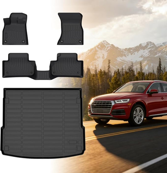 Floor Mats for Audi Q5 & SQ5 2018 2019 2020 2021 2022 2023 2024 2025, TPE 2020 Q5 Floor Mats 1st & 2nd Row & Cargo Liner,Waterproof Summer Winter Non-Slip Floor Liners Car Accessories