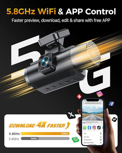 GKU 4K 3 Channel Dash Cam Front and Rear Inside, 3" IPS Screen, 5.8GHz WiFi Dash Camera for Cars, Built-in GPS, G-Sensor, 64GB Card Included, 24H Park Mode