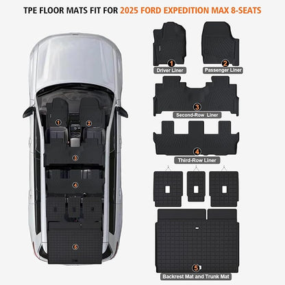 All Weather Car Floor Mats Cargo Liner with Backrest Mat for 2025 Ford Expedition Max 8 Seats (2 Row Bench Seat), TPE Rubber Liners Full Set Automotive Mats for 2025 Expedition Max Accessories