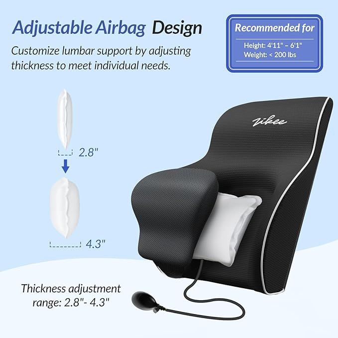 ZIKEE Adjustable Airbag Lumbar Support Pillow Provides Comfortable Support Back Pain Relief and Improves Posture, Ergonomic Memory Foam Back Support Pillow for Office Chair, Car, Home