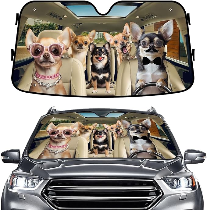 GENANY Chihuahua Windshield Cover for Car SUV Truck (55x30 Inches), Foldable Heat Shield, Shades for Front Windows, Protector Blocks UV, Car Decor