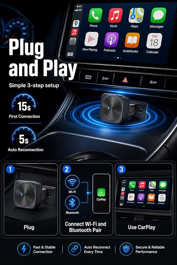 Wireless CarPlay Adapter for iPhone & Android with USB/USB-C Port, 2026 Upgraded 2-in-1 Android Auto Mini Car Play Adapter, Plug & Play Dongle, Converts Wired to Wireless, No Delay Fast Auto-Connect