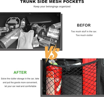 2 PCS Small Cargo Nets, 14"×10" Double Layer Car Organizer Net with Mounting Screws & Hooks, Stretchable Cargo Netting Storage Pouch for Car Truck SUV RV Boat Trunk