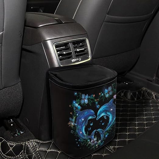 Talayituse Dolphin Flower Heart Print Car Trash Can with Lid, Leak Proof Auto Trash Bag Hanging Vehicle Garbage Can Multipurpose Storage Container for Back Seat Road Trip
