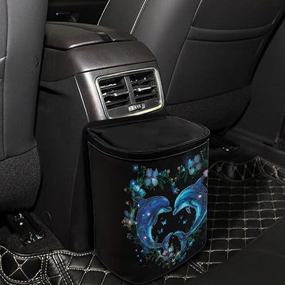 Talayituse Dolphin Flower Heart Print Car Trash Can with Lid, Leak Proof Auto Trash Bag Hanging Vehicle Garbage Can Multipurpose Storage Container for Back Seat Road Trip