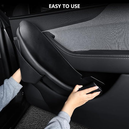 Door Side Storage Box Compatible with 2025 2026 Tesla Model Y Juniper Accessories, Full Cover TPE Door Pocket Liner Organizer with Emergency Mechanical Release Handle, 4PCS Front Rear Set (Black)