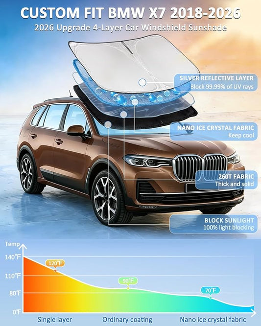 for BMW X7 2018-2025 2026 Windshield Sun Shade - 4 Layers Car Sunshades for Front Windows Shade Cover Custom Fit BMW X7 Sunshade 250T Retractable Shade Blocks UV Rays Car Accessories