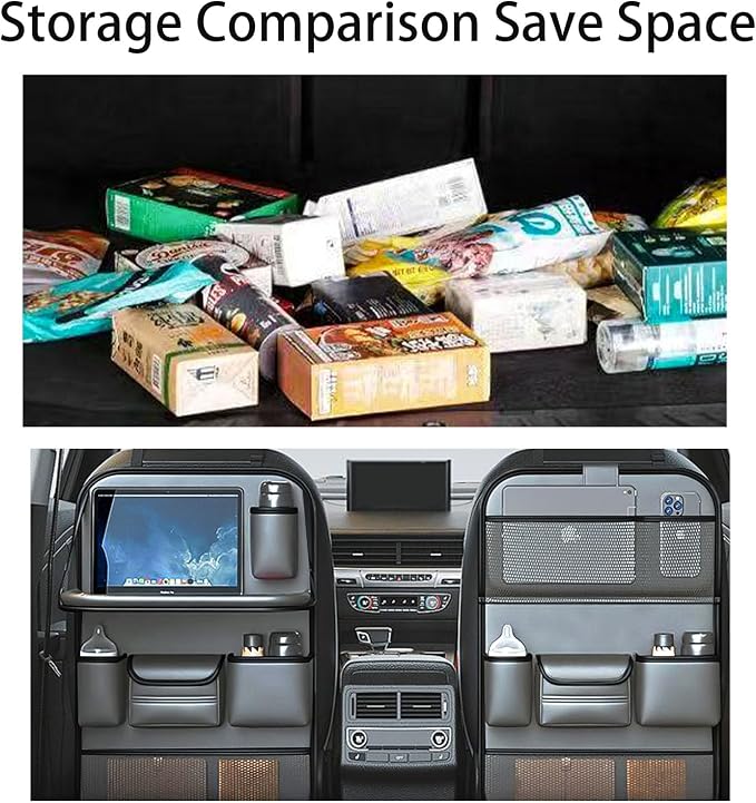 2 Pack Leather Car Backseat Organizer with Foldable Table Tray, Universal Car Seat Back Protector Kick Mat with Touchscreen Tablet Holder, Storage Pockets, Cup Holders & Tissue Holder, Black