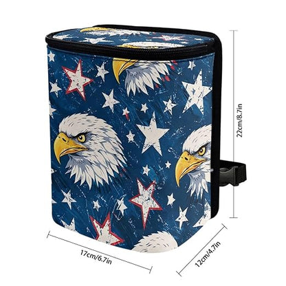 Talayituse Eagle American Flag Print Car Trash Bin, Large Size Auto Trash Can Adjustable Portable Garbage Can with Lid, Vehicle Hanging Bag for Headrest Front Back Seat 4th of July Decor