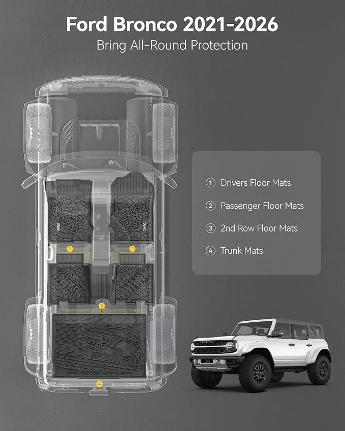 3W Floor Mats & Cargo Liner Fit for 2021-2025 2026 Ford Bronco 4 Door, TPE All Weather Custom Fit Floor Liner 1st 2nd Row and Full Set Trunk Mats, Black (Not for Bronco Sport & Rubberized Floor)