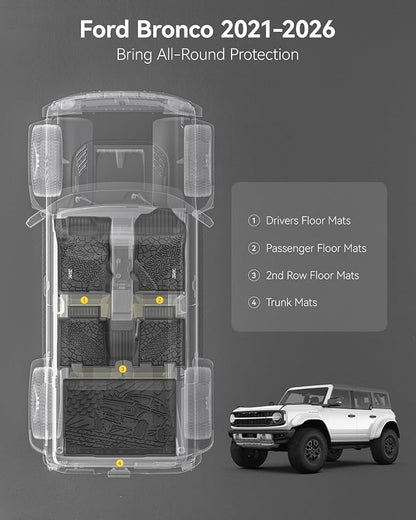 3W Floor Mats & Cargo Liner Fit for 2021-2025 2026 Ford Bronco 4 Door, TPE All Weather Custom Fit Floor Liner 1st 2nd Row and Full Set Trunk Mats, Black (Not for Bronco Sport & Rubberized Floor)