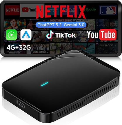 Wireless CarPlay Adapter, Magic AI Box with Dual-WiFi Stability Enjoy Video & Music Apps, Wireless CarPlay Box Compatible with Wired Factory CarPlay & Android Auto, Support for YouTube/Netflix