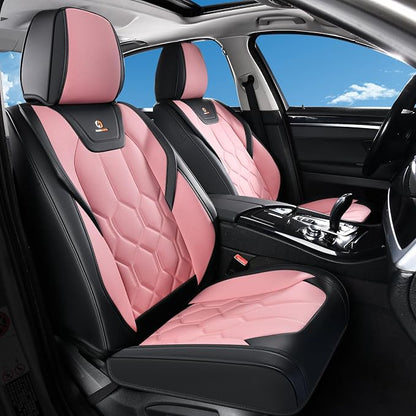 Huidasource Seat Covers Full Set, Universal Fit for Most Cars SUV Trucks, Full Coverage Leather Seat Cover, Airbag, Cupholder Compatible, Seat Function Retain, Easy Install with Velcro, Black & Pink