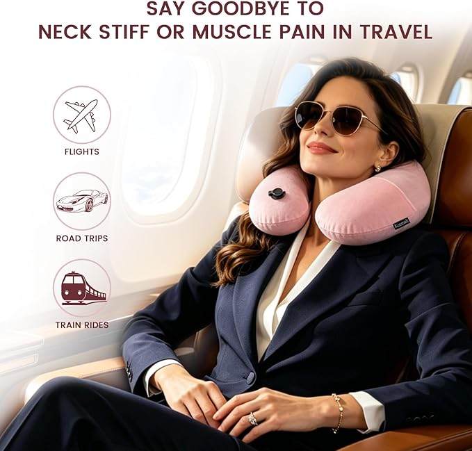 Keemall Inflatable Travel Pillow, Premium Soft Pink Velvet Inflatable Neck Pillow, Washable Lightweight Portable Travel Essentials for Flight Road Trip Camping Office, Travel Gift for Women Girls